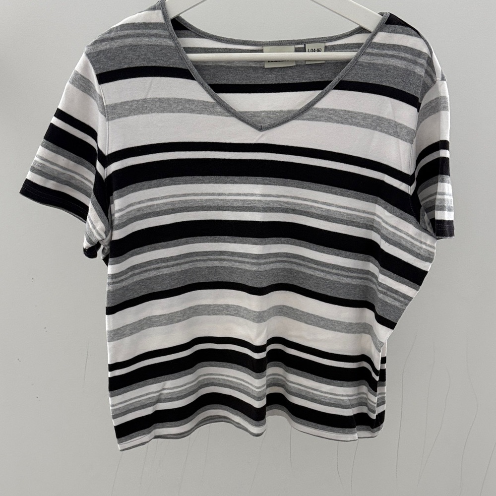 Classic Elements Black and Gray Striped V-Neck Tee